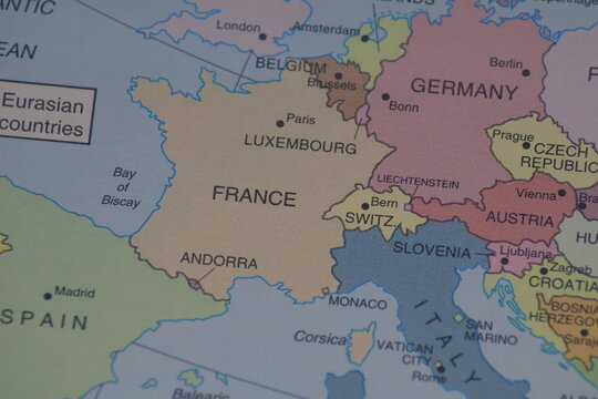 Political map closing up on France Luxembourg and Belgium. Geography concept for French politics travel to Paris European Union administration and western europe diplomatic relations