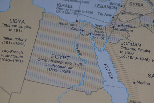 Map Detail of Egypt, Suez Canal and Israel showing Historical British Protectorate and Red Sea Borders. Geopolitics of Trade Routes, Logistics and Regional Conflict Context. Educational Cartography.
