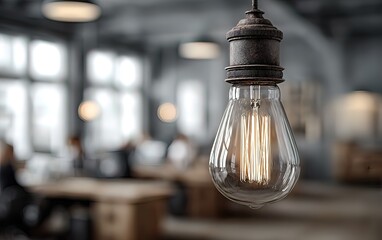 Modern office with an Edison bulb and blurred people for a teamwork concept. High quality. High quality. High quality