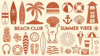 A vibrant collection of summer beach icons and tropical elements illustrated in terracotta