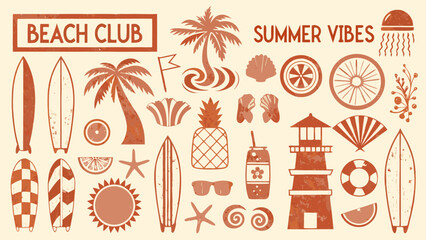 A collection of beach themed illustrations including surfboards palm trees and summer accessories