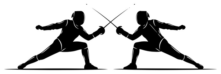 Fencing athletes silhouette duel with crossed swords vector illustration sport competition
