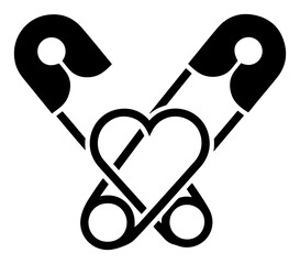 Two crossed safety pins linked by a heart vector illustration punk rock love symbol