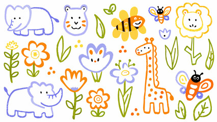 Colorful doodle illustration featuring animals flowers and insects in a playful style © Indira