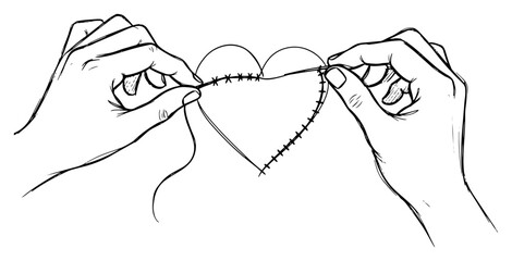Hands sewing a stitched heart shape vector illustration mending love concept sketch