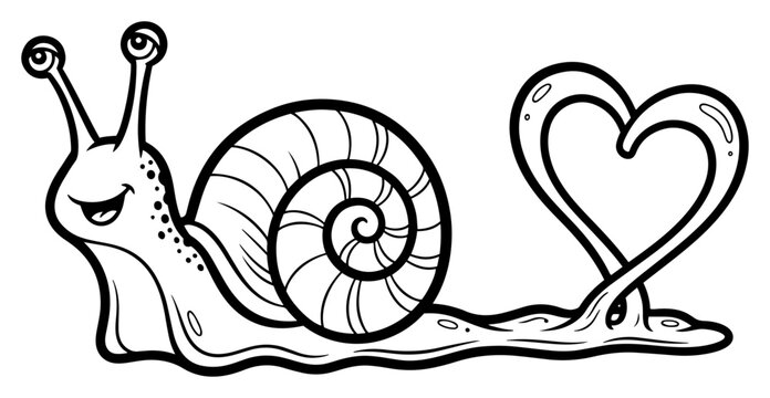 Cute snail leaving a heart shaped slime trail vector illustration funny animal love concept