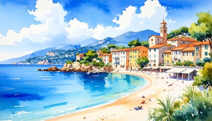 hand drawn watercolor painting of French Riviera beach. Seascape painting with blue 8
