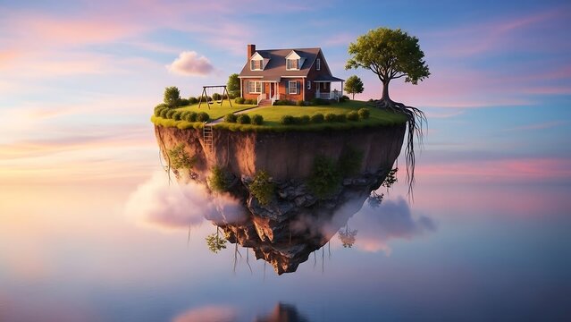 Fantasy house on floating island landscape.