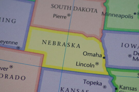Macro View of Nebraska State on US Political Map - Detailed Cartography of Omaha and Lincoln Cities for Geography Education