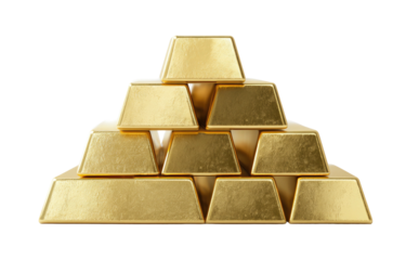 Stacked golden bars forming a pyramid, gleaming against a stark black background