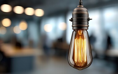 Modern office with an Edison bulb and blurred people for a teamwork concept. High quality. High quality. High quality