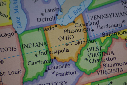 Ohio and Indiana US States on Political Map Close-up - Detailed View of Columbus Indianapolis and Cincinnati for Midwest Geography and American Logistics Concepts