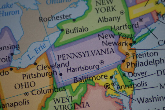 Pennsylvania and New York US States on Map Close-up - Macro View of Pittsburgh Harrisburg and Buffalo for Northeast Geography and American Travel Education