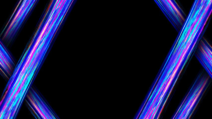 Abstract background with straight diagonal neon brush strokes of vibrant blue pink and purple light over dark black space