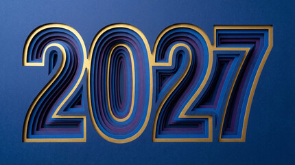 Bold 2027 number in layered blue and gold paper cut style, ideal modern visual for New Year branding.