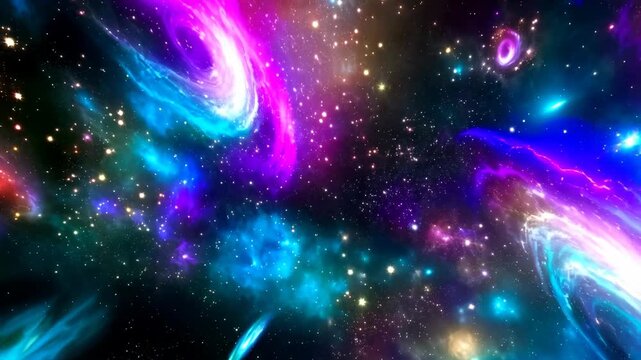 A mesmerizing view of the universe showcasing vibrant spiral galaxies and cosmic clouds. stars twinkle in an array of colors, forming a celestial tapestry that highlights the vastness and mystery of o