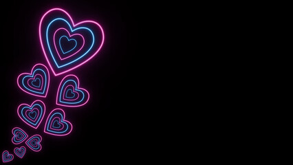 Glowing neon pink and blue heart shapes flowing diagonally on a dark black background, modern romantic Valentine&rsquo;s Day design with copy space and vibrant light effect.