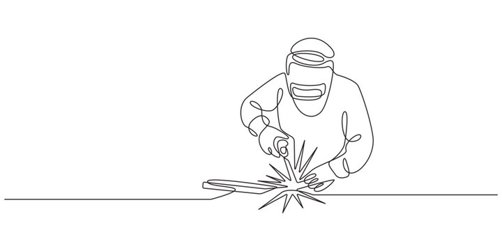 Continuous line drawing of the technician is welding isolated on transparent background