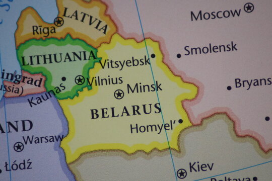 Baltic States and Belarus Political Map Close Up. Lithuania, Latvia, Estonia, Minsk on Atlas. Eastern Europe Geopolitics. Vilnius, Riga, Tallinn Borders, Kaliningrad Exclave and NATO Defense Concept.