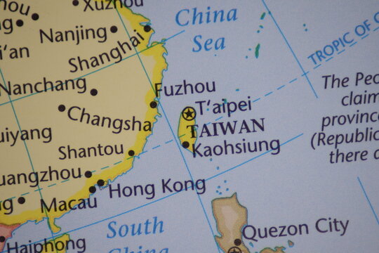 Taiwan and China Political Map Close Up Showing Taiwan Strait and Taipei - High Tension Geopolitics Concept for Invasion Risk, Semiconductor Industry, Independence and Cross-Strait Relations