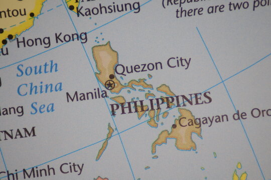 Philippines country map close up focusing on Manila, Quezon City and islands. Southeast Asia geography, political atlas detail. Travel destination concept for Luzon region. Educational cartography.