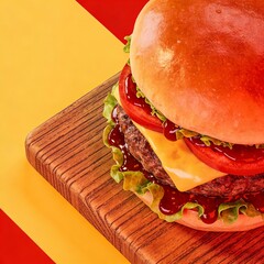Exciting 3D Isometric Render of Gourmet Burger on Wooden Board, Showcasing Fresh Ingredients and Energetic Presentation