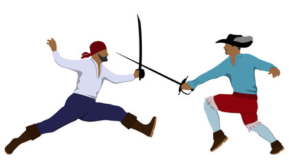 Scene of pirate and ancient warriors battle. Vector illustration
