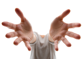 Open hands outstretched towards the viewer, seemingly inviting, isolated on a black background