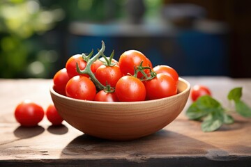 Ripe cherry tomatoes on the vine, glistening with water droplets, are placed in a wooden bowl on a rustic table, creating a fresh and inviting scene