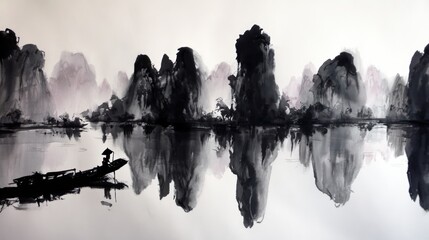 A serene landscape featuring a silhouetted boat gliding across a tranquil lake, surrounded by majestic mountains, Ideal for themes of travel, nature, or relaxation,