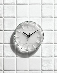 Elegant Glass Clock on Soft Tiled Background Featuring a Seamless White Pattern for Modern Interiors and Interior Design