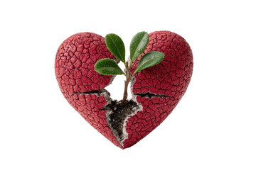 Cracked, red heart with a small plant growing out of it, symbolizing healing and rebirth