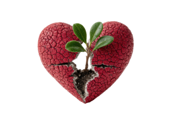 Cracked, red heart with a small plant growing out of it, symbolizing healing and rebirth
