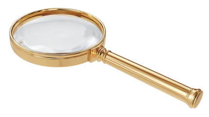 Golden magnifying glass search inspection tool luxury metal handle macro studio object close-up isolated on white background