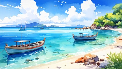 hand drawn watercolor painting of boats on clear beach. landscape painting 