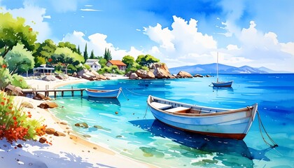 hand drawn watercolor painting of boats on clear beach. landscape painting 