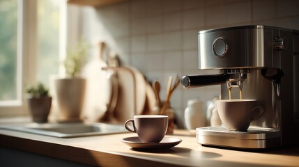 Espresso coffee machine pouring fresh coffee into a ceramic cup on a kitchen counter in morning light at home.