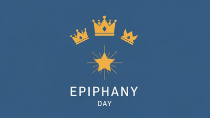 Three golden crowns and a shining star above the text Epiphany Day a religious holiday symbol for celebration and faith isolated on a blue background