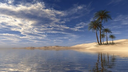 A serene desert scene featuring palm trees beside a calm lake under a vibrant sky, Ideal for travel themes, relaxation, or nature-focused projects,