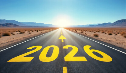 Road to 2026 with an empty road with 2026 written on it and an arrow pointing to the horizon.