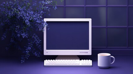 A serene workspace featuring a classic monitor, keyboard, and a mug beside lush greenery, perfect for conveying productivity or remote work themes in digital content or marketing materials,