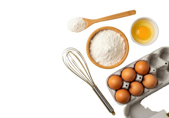 White flour, raw egg yolk, egg white, brown eggs in carton, silver whisk, flat lay on pale yellow background with copy space, no shadows, Concept of wholesome baking preparation