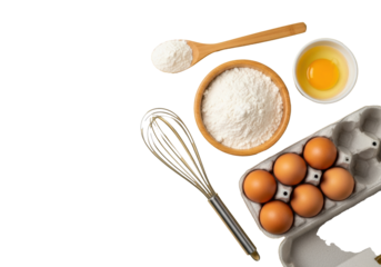 White flour, raw egg yolk, egg white, brown eggs in carton, silver whisk, flat lay on pale yellow background with copy space, no shadows, Concept of wholesome baking preparation