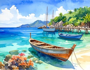 hand drawn watercolor painting of boats on clear beach. landscape painting 