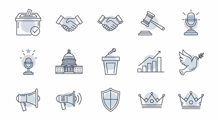 Set of political and governmental icons in a modern line art style.