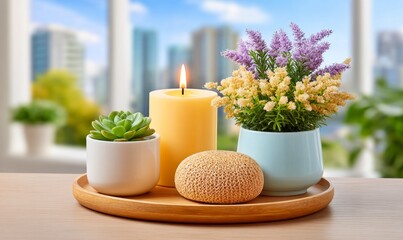 Morning Wellness Space for Self-Care with Candle and Fresh Plants in Calm Setting