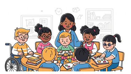 Diverse group of children and teacher in a classroom engaged in learning activities around a circular table representing education and inclusivity