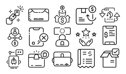 Collection of various business and finance icons in a simple line style