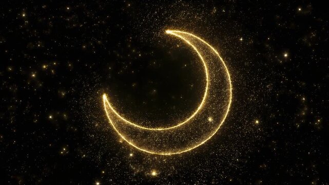 Golden glittering crescent moon and sparkling particles on a dark background creating a magical night sky with glowing stars, perfect for festive and celestial themes