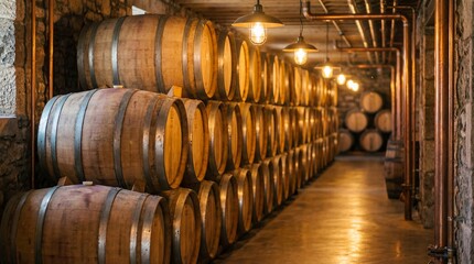 Stacked Wooden Barrels In Distillery Cellar With Copper Pipes And Warm Lights